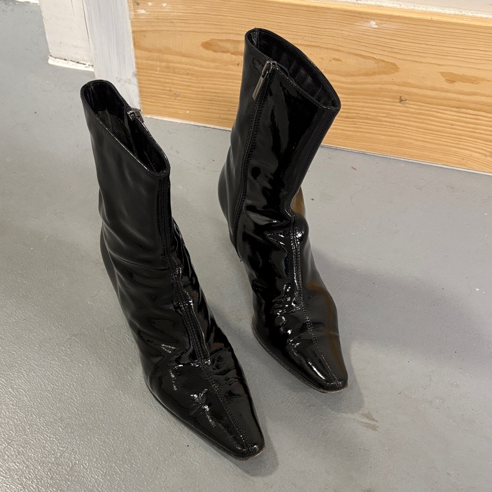 Aquatalia Black Patent Leather Pointed-Toe Mid-Calf Boots